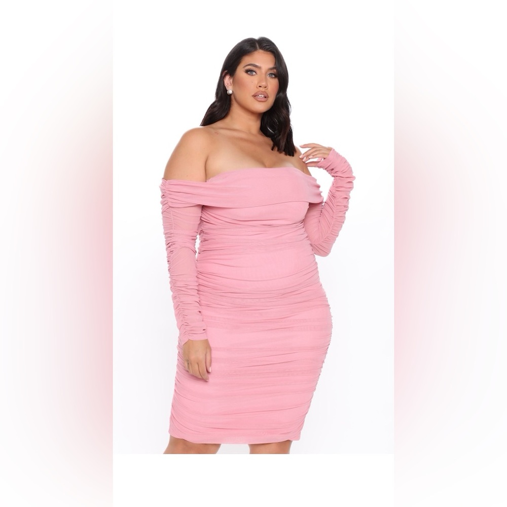 Pink ruched off the shoulder midi dress